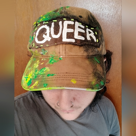 QUEER Bleach Dyed Splatter Painted Hat (lime green and neon yellow) - Picture 2 of 8